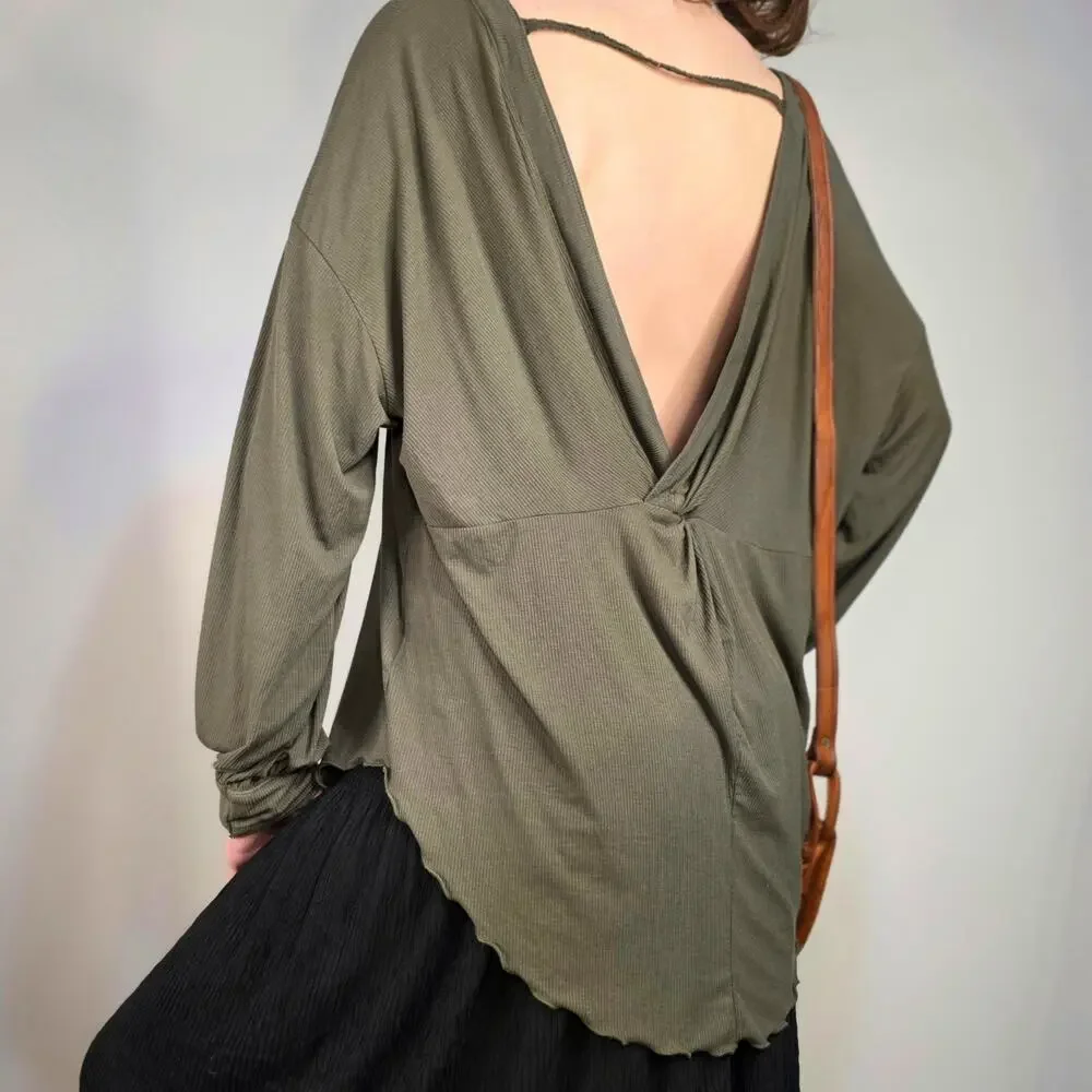 Free People Olive Green Open Back Top Ribbed Boho Twist Back Long Sleeve Small